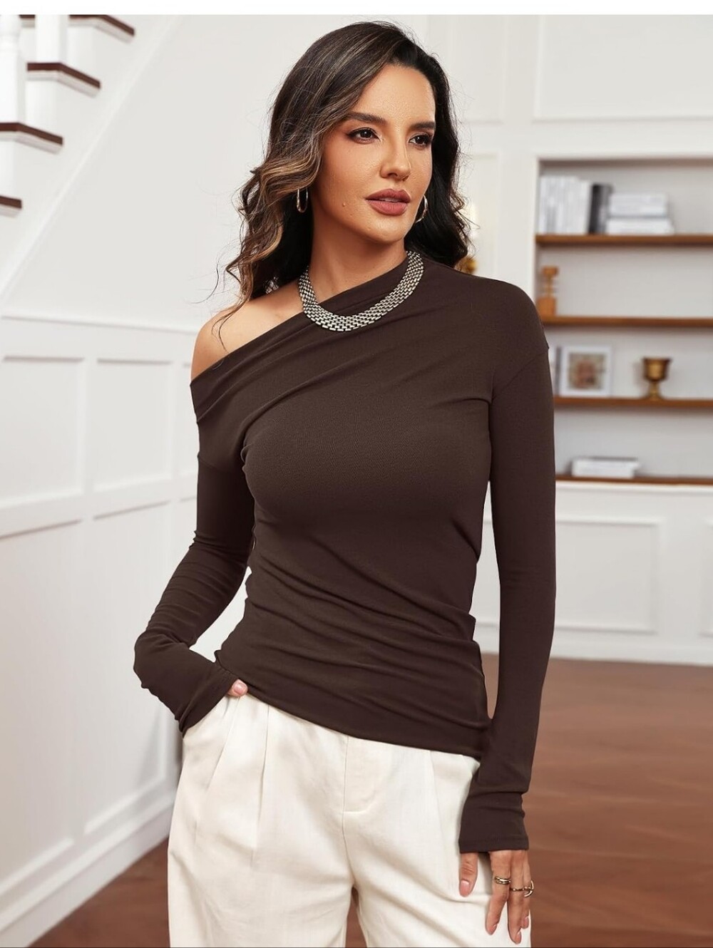 Women's Meetrendi Asymmetric Off-Shoulder Long Sleeve Brown Top, Size S, LNWOT